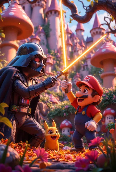 comic style, disney digital art, high res, 8k, Darth Vader with a Pikachu head in a light saber fight with Super Mario in a Toad world