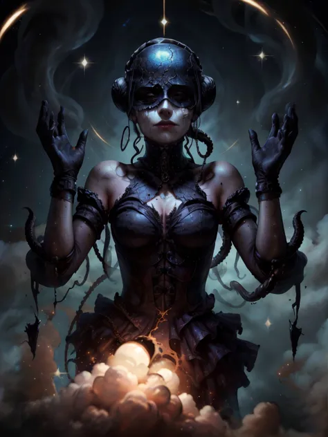 lump of darkness, a cosmic art, abstract lovecraftian artstyle, abyss a woman with stars all over her face, marc brunet, black b...