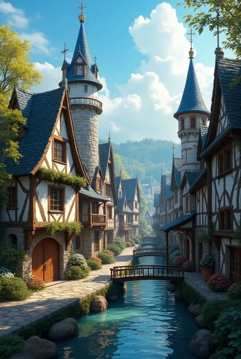 rural country town of Celtic and Romanesque style, medieval style. Long and comfortable houses with pateresque and Maria Antioneta details. Hobbit and Harry Potter style blue houses, details similar to Narnia. town with Celtic Viking and Gothic style but r...