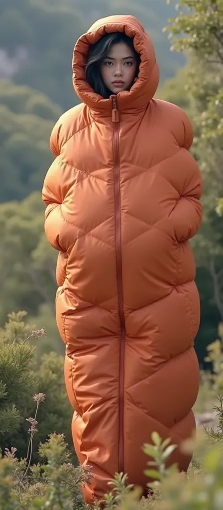    A 30-year-old woman is standing in nature fully packed in a sleeping bag, , a sleeping bag with a hood , the whole body is hidden under the fabric of the sleeping bag 