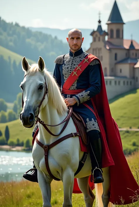 Imagine a 25-year-old bald Serbian prince seated proudly on a majestic white horse, dressed in a regal outfit inspired by Serbian tradition. He wears a tailored navy-blue tunic adorned with intricate silver embroidery, a red sash across his chest, and whit...