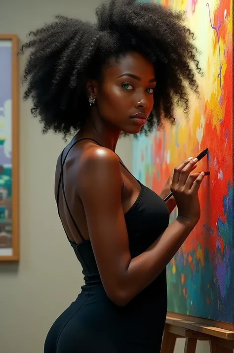 A sexy black woman with green eyes and black power hair .  She is painting a picture and has big  and big ass