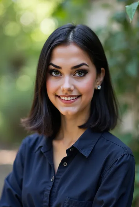 Real human photo Putri is a young woman with    shoulder length straight black hair and fair skin. She has well-defined eyebrows, large brown eyes, and a neutral expression on her face. She is wearing a dark blue home dress called daster, standing with bac...