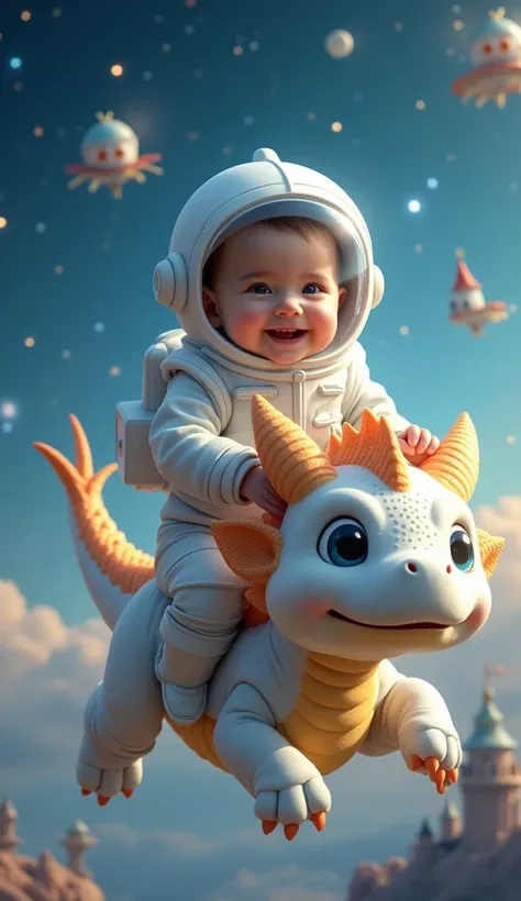 In a magical fantasy setting, a sweet baby is riding a playful dragon, wearing a shiny white astronaut suit complete with a little helmet, boots, and a reflective visor. The baby’s chubby cheeks are visible under the helmet as they smile with excitement. T...