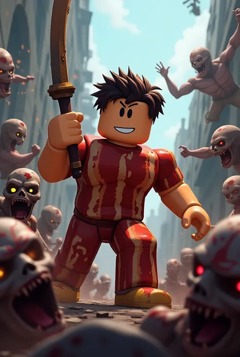 Make me a Roblox banner with a Roblox Bacon skin killing zombies with a title Monster warrior! Make sure it looks good