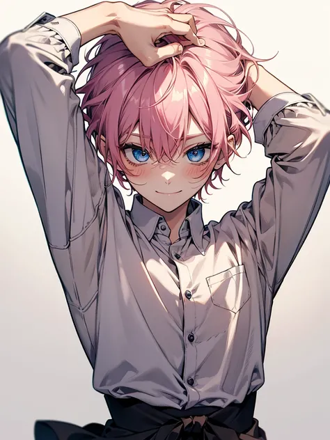 solo,  high definition ,  gaze,  Blushing , smile,  simple background,  pink hair、male、maleの子、 blue eyes、 white cutter shirt 、 Im embarrassed、Put it close to your head and be shy 、maleの子、boyz、 Short Hair、大人のmale、 lower your head with one hand down、 smiling...