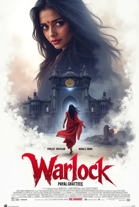 A Bollywood movie poster showcasing a breathtaking yet terrified Payal Chatterjee, dressed in a traditional Bengali sari with intricate red and gold patterns. Her long, dark hair is partially disheveled, and her wide, fearful eyes reflect her desperate att...