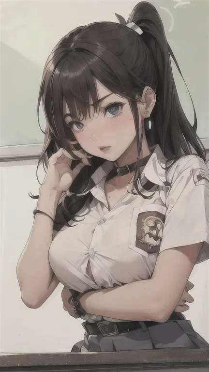 ((Correct Anatomy))、(Female student)、((school uniform))、((Short sleeve))、(Mini Pleated Skirt),(((Black Stockings))),((garter belt)),((School classroom)),Ultra-high resolution,Mature Woman, Mature Woman, Very detailed,Sunburned skin,Brown Skin, (Big Breasts...