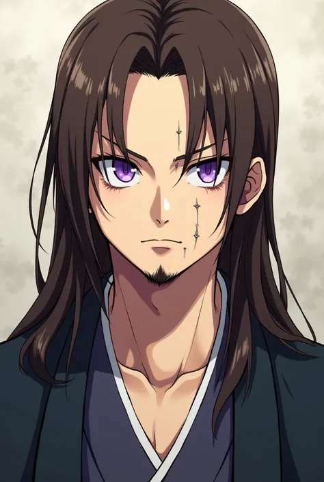  Make a man with a goatee and long straight hair,  purple eyes and white skin , The outfit is a kimono ,  your hair is brown and has some scars ,  your eyes are serious and tired . anime line 