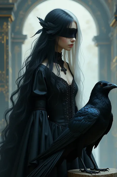 A blind girl, with a blindfold, long hair, black and white hair, raven queen,with a crow