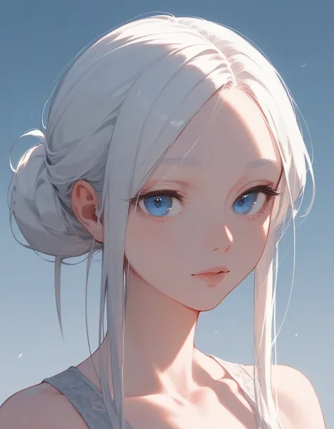  close up, score_9, score_8_up, score_7_up, (solo), 1girl, long locks, white hair, hair bun, blue eyes, big eyes, narrowed eyes, (((hands))),  fingers, Anatomically correct, medium breast, milf