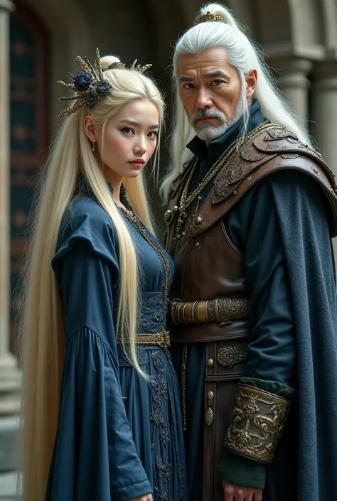 "tall woman,  with long hair ,  and blond . she is asian, has brown eyes,  fair skin and wears a medieval dark blue dress with medieval details .  She has the charm of a pretty witch ."
" Tall and strong Korean man , a little older.  He wears black and gra...