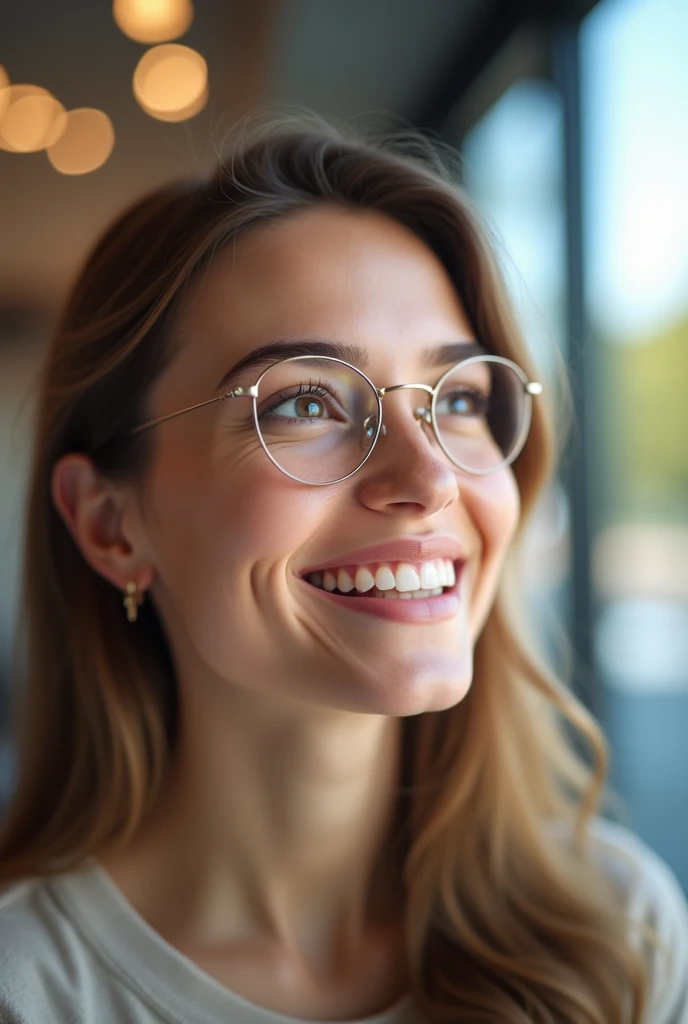 Full body close up of a smiling customer wearing contacts looking outside from inside an optometry clinic, highest definition, highest detail, highest quality 