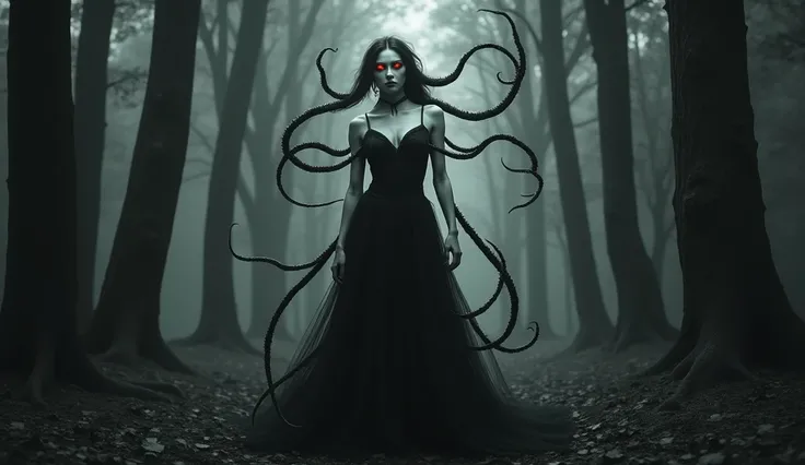 a woman dressed as a vampire in a forest, trending digital fantasy art, porcelain skin ”, wrapped in black tentacles, high resolution print :1 red, white skin tone, shapeshifter, dark forests surrounding, black and white color palette