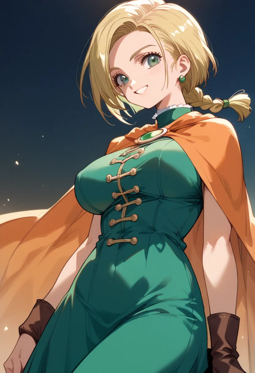 masterpiece, high definition , best quality,8k
(dragon quest,bianca whitaker)
(blonde,single braid,big breasts, slender)
(green ...