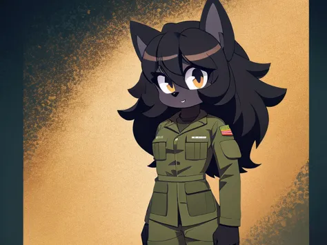 colorful background, beautiful, very high quality, girl, cute black dog, thick hair, detailed body, army clothing