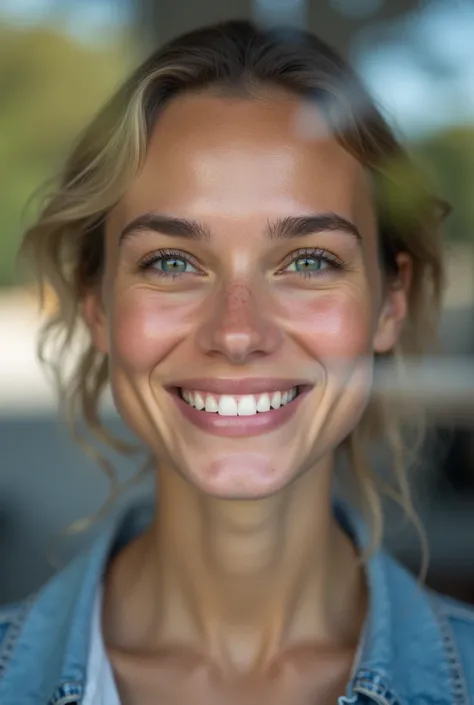 Full body close up of a smiling customer wearing contacts looking outside from inside an optometry clinic, highest definition, highest detail, highest quality, contacts 