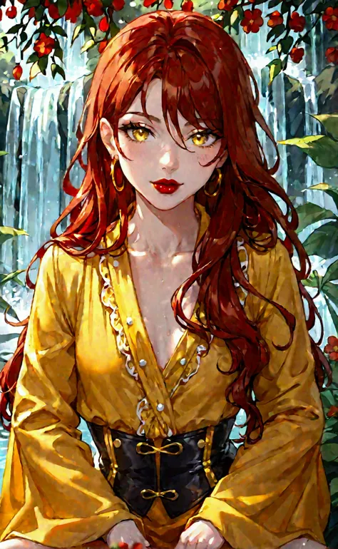  young woman ,  standing against the background of the  , dark red long hair , sly look, big yellow eyes, red lips,  a mouth-watering figure with neat small breasts and juicy booty, dressed in yellow haori ,  waterfall with black high boots on her legs  , ...