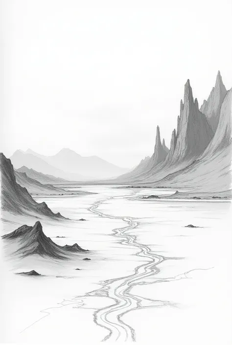  sketch of a colorless landscape with a mountain landscape,  cordillerra , Pieddemonte , plain,  altillanura ,  braided river ,  alluvial fan and plateau 