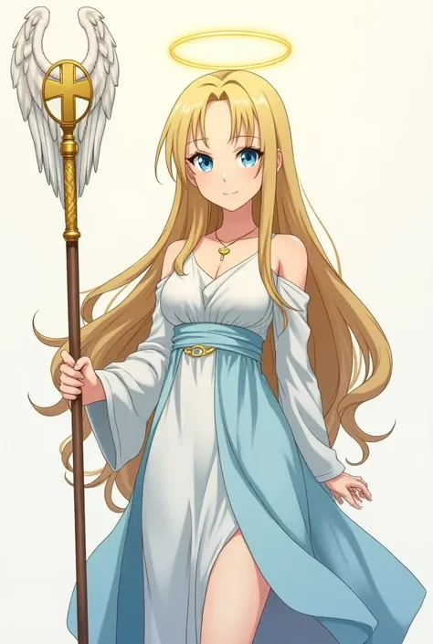 Teenage female anime style character design, she is tall, has long blonde hair and blue eyes, very fair skin and has a well-endowed figure, she wears a tunic, which is white on the shoulders and arms to the upper chest and light blue on the rest of the dre...