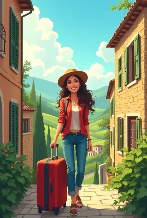 Woman with a suitcase traveling in Italy realistic cartoon