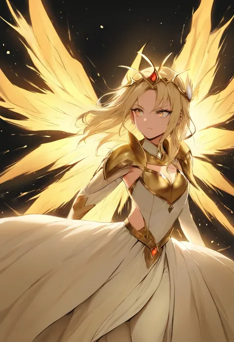  Imagine a princess with long blond hair ,  that floats powerfully around her , Wings on her back burning, illuminated by a golden aura . She is wearing a majestic transparent dress,  combining elements of her real story with elements of warrior style , as...