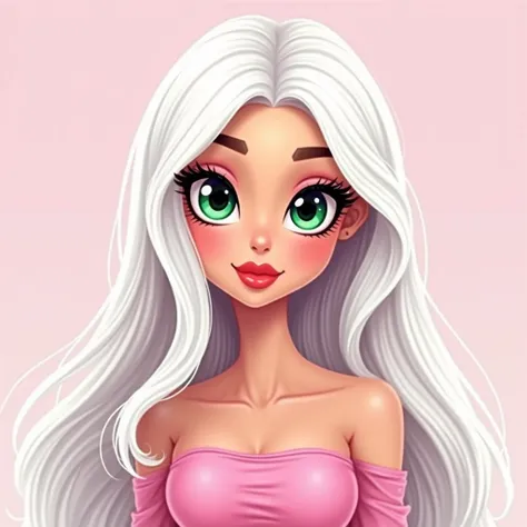  Create a cartoon fashion model with long white hair,  image that adds atmosphere to her character .  She has big green eyes , filled with life ,  top and long thick false eyelashes , that highlight her look .  She is wearing a stylish pink ,  top that mat...