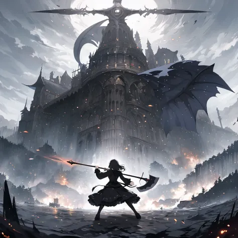  anime painting,An expressionless  in black gothic lolita clothes in a fantasy world is fighting using a huge double-edged axe