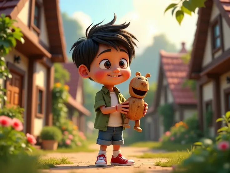 A young boy with big expressive eyes, slightly rosy cheeks, and a friendly smile. The boy has tousled black hair, a relaxed yet adventurous look, and is wearing a casual outfit: a green open shirt over a white T-shirt, blue rolled-up shorts, and red sneake...