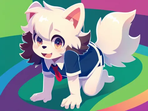 colorful background, beautiful, very high quality, boy, cute white dog, thick hair, detailed body, school clothes