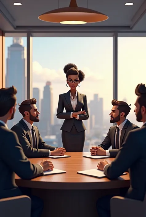 Animation of an Africa boss lady having a meeting with 5 rich men in a big office