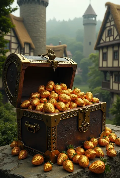 Imagine an ancient chest opened inside small strawberries made of gold in a totally medieval environment 