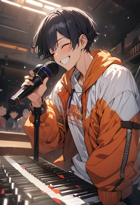 score_9,score_8_up,score_7_up,source_anime,rating_safety,masterpiece,best quality,hyper detailed,super fine illustration,8k,BREAK 1boy,(closed eyes:1.3),black hair,rapper,smile,BREAK (holding_microphone:1.4),BREAK live house,detailed background,BREAK dark ...