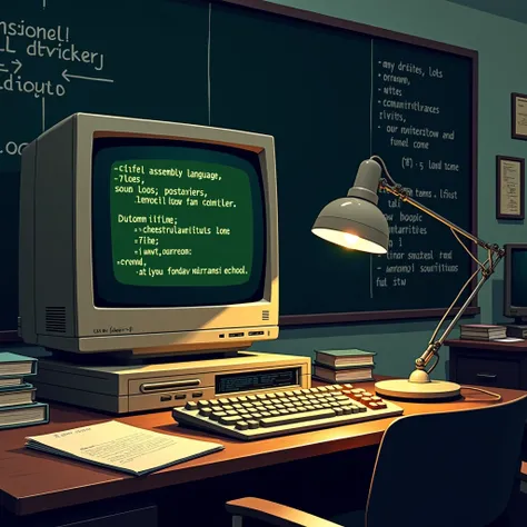 A retro-themed illustration of a computer programming classroom. The scene features an old-school CRT monitor displaying a dark screen with green text in a terminal interface, showcasing a structured assembly language program (e.g., loops, macros, and nume...