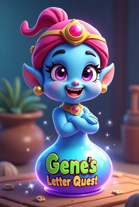 Genie’s Magical letter Quest is displayed nearby in bright(green), colorful cartoon letters with a whimsical style, making the design inviting and fun. The whole name should be n a single line Only the name no character or background.A friendly, cartoon-st...