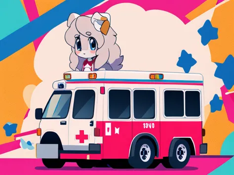 colorful background, beautiful, very high quality, girl, cute white dog, thick hair, detailed body, ambulance clothing