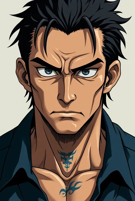  A man with very short hair , with an older face , black eyes,  black hair and a small blue tattoo on his neck. anime line 