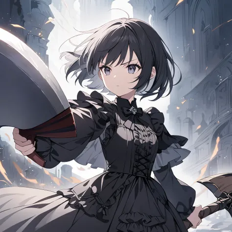  anime painting,An expressionless  in black gothic lolita clothes in a fantasy world is fighting using a huge double-edged axe， Bust Up Shot 