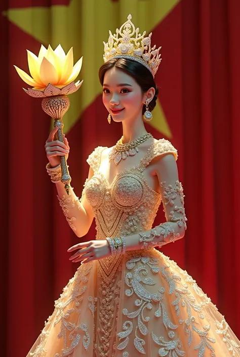  Create a picture of Miss Vietnam wearing a super sparkly prom dress with 999 appliqués,999,999 diamonds into the evening dress and has a crown made of diamonds and has a colored lotus-shaped holder studded with pearls and quartz stones and has a necklace ...