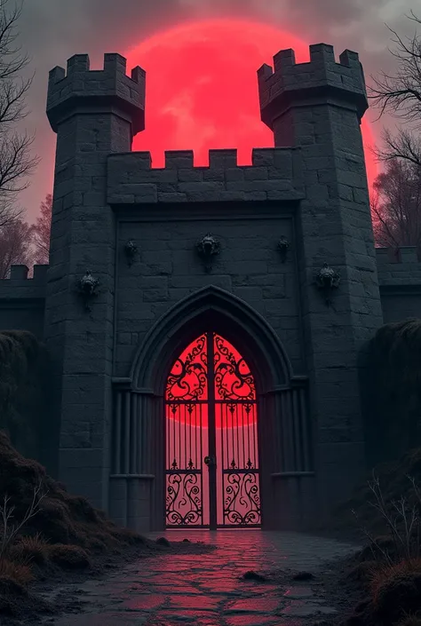 The exterior of an old Gothic vampire castle but more closely outside the castle gate with red and black tones 