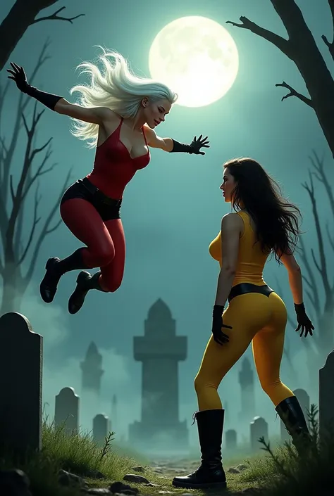 A dynamic scene depicts Lilith mid-air, her piercing eyes glowing with intensity. Her lips form a seductive smirk, a mix of allure and danger. Her flowing white hair catches the pale moonlight, accentuating her crimson and black attire, which clings tightl...