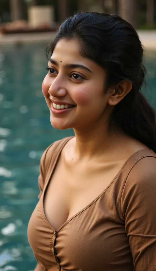 lookimg at viewer, showing navel, photo of  ( sai pallavi) in hellblade: senua's seductress, in a swimming pool, long free hair,...