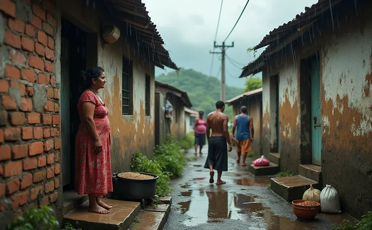  An everyday scene of a woman in the favela ,  in a simple and rustic setting .  She stands at the door of her house ,  a small precarious brickwork building , with visible leaks ,  watching the rain fall . In the background,  residents carry bags and shop...