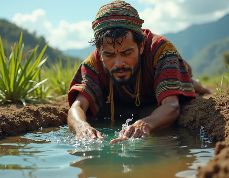 A sick young adult white man wearing typical Peruvian clothing .  In this image the man is on the ground drinking with his hands clutched the crystal clear water that emerged from the land where he was digging. Real style.