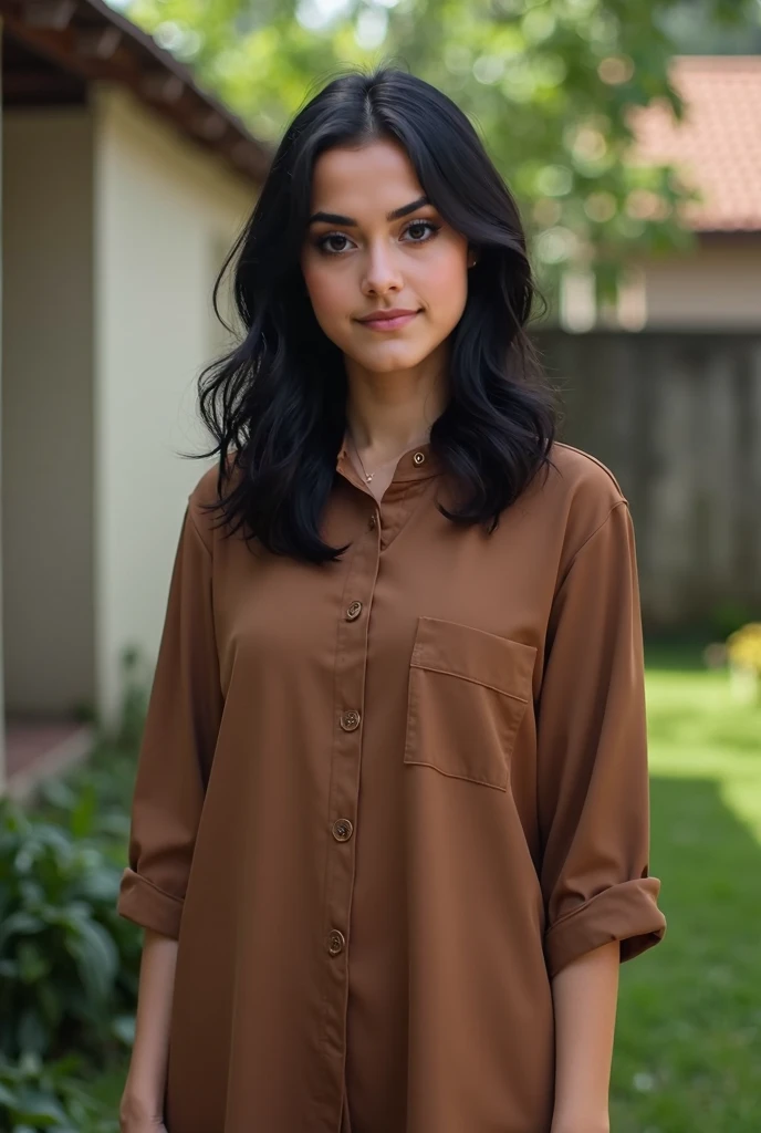 Real human photo, Fika is a young woman with shoulder length  wavy  black hair and fair skin. She has well-defined eyebrows, large black eyes, and a neutral expression on her face. She is wearing a brown  Indonesian home casual dress called daster, standin...