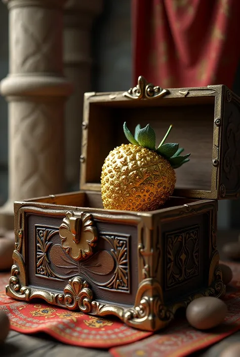 Imagine an old open chest ,  inside the chest a strawberry made of gold,  in a totally medieval environment  