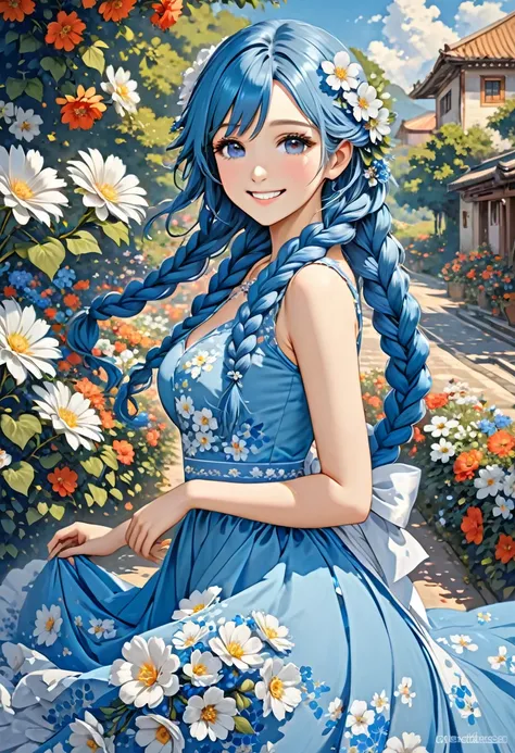 beautiful girl has blue hair and white flowers adorn her dress, 1girl, flower, solo, hair flower, hair ornament, white flower, dress, long hair, blue hair, smile, braid, looking at viewer, brown eyes, breasts, blue dress, very long hair, twin braids, sleev...