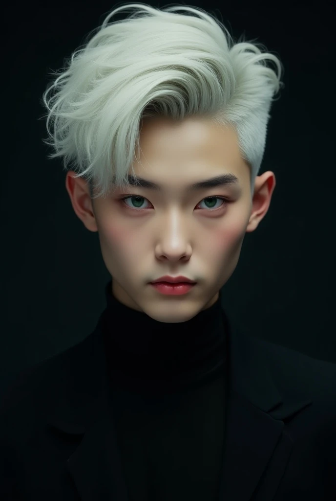  a teenage boy with white hair and green eyes with a nice body and a spectacular face in a black suit whose face is Korean but without circles