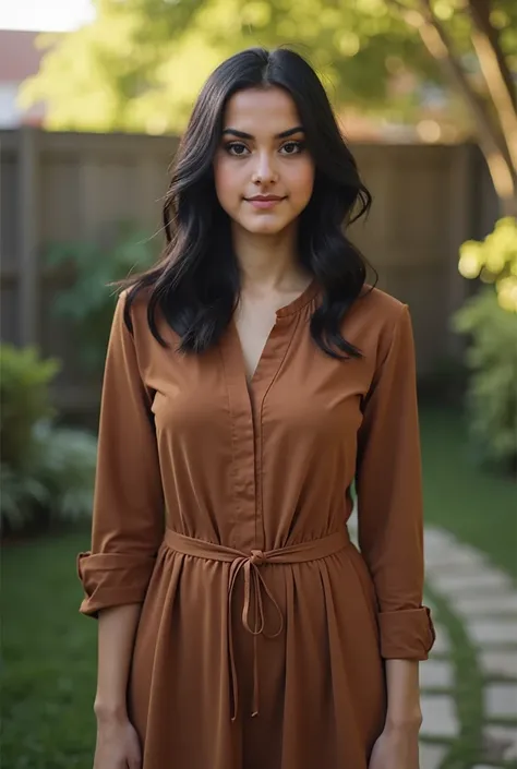 Real human photo, Fika is a young woman with shoulder length  wavy  black hair and fair skin. She has well-defined eyebrows, large black eyes, and a neutral expression on her face. She is wearing a brown  Indonesian home casual dress called daster, standin...