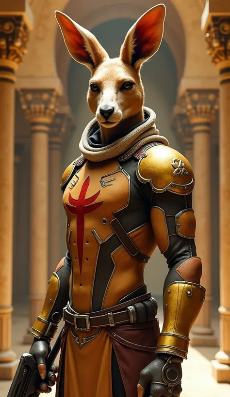  Imagine an anthropomorphic kangaroo warrior , that mixes batsman elements and advanced technology .  His left half is cybernetic ,  with a golden armor that covers his arm and part of his torso ,  while the right half has a muscular arm with some scars.  ...